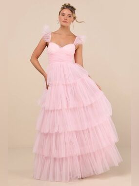NWT Lulus Fabulous Poise Light Pink Tulle Tiered Ruffle Maxi Dress Size M
